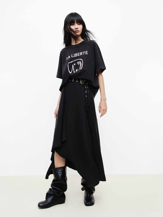 Mo&Co Dresses & Skirts - MO&Co. Asymmetrical Midi Flowy Skirt Black Cupro Blend M